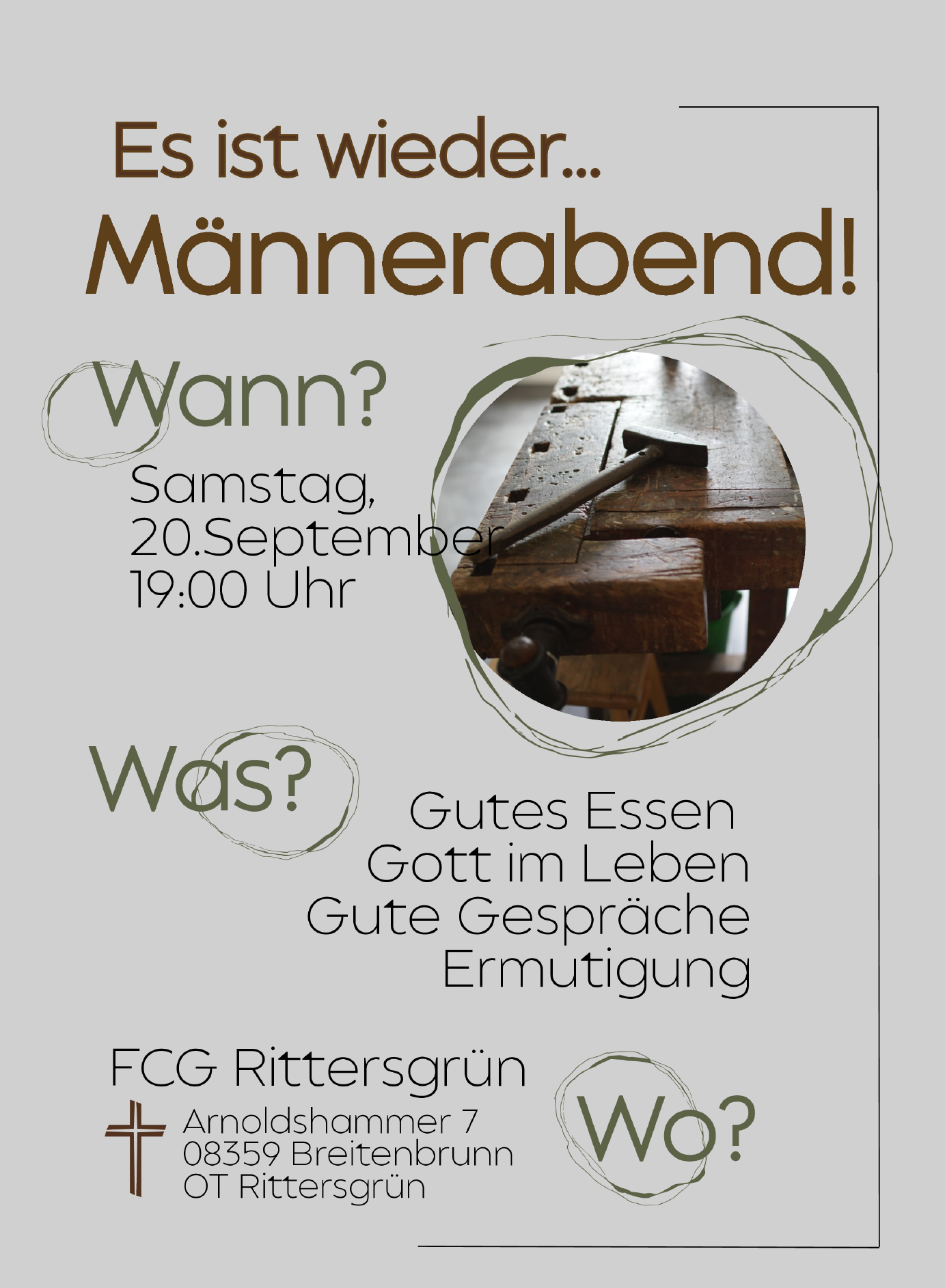 Flyer Männerabend – Gutes Essen, Gott im Leben, gute Gespräche, Ermutigung